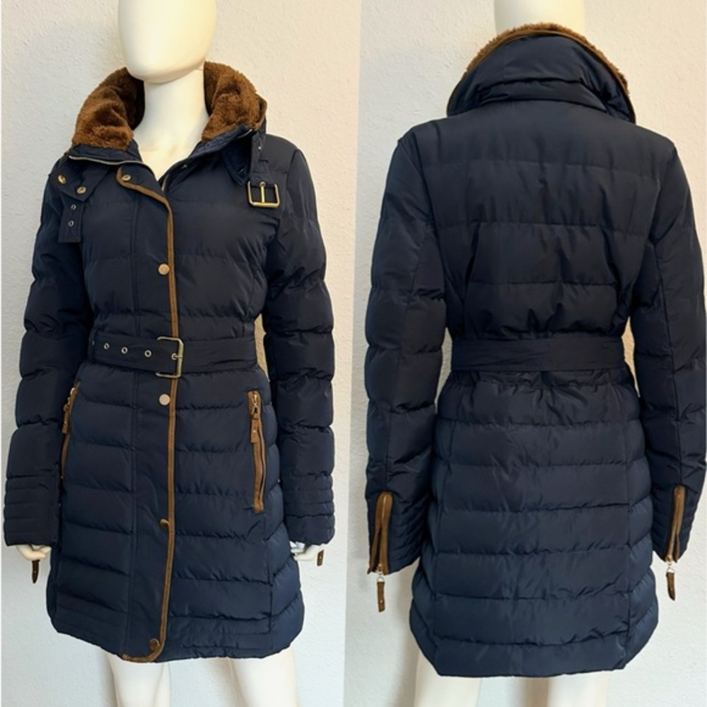 NEW WOMEN QUILTED‎ PUFFER FAUX FUR COLLAR BELTED JACKET WITH PACKABLE HOOD